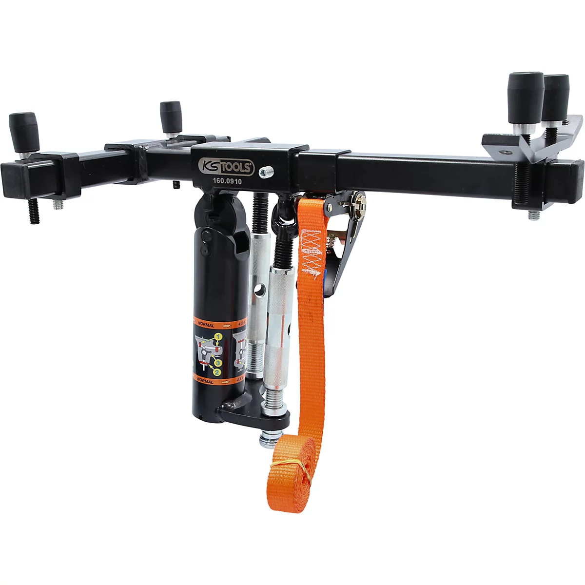 Schwarzes Werkzeug mit Hebevorrichtung und orangefarbenem Gurt. Aufschrift: KS TOOLS.